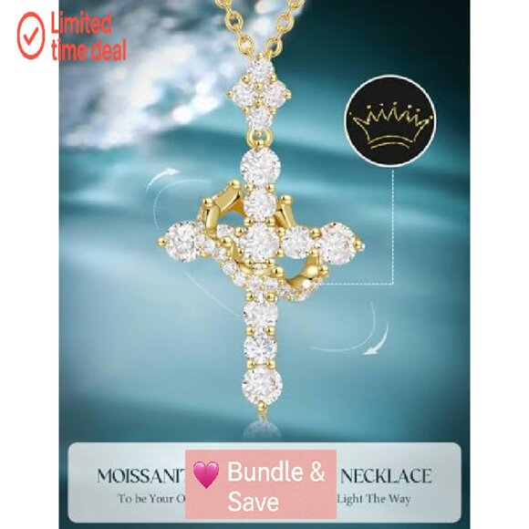 Moissanite Cross Pendant Necklace 14K Gold Vermeil 1.1 Carats Sterling Silver - Picture 7 of 8